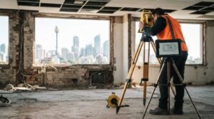 Surveyor using professional surveying equipment inside a commercial renovation site with the Sydney skyline visible through large windows, documenting measurements before construction.