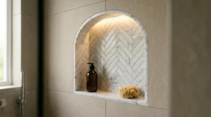 Elegant bathroom shower niche with an arched marble surround, herringbone marble tile backing, integrated accent lighting, and decorative bath accessories