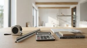 Home renovation budgeting workspace with a calculator, measuring tools, and material samples on a table inside a house under renovation for accurate project cost estimation.