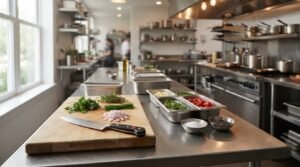 Stainless steel commercial kitchen with a food prep station, cutting board, fresh ingredients, and cooking equipment arranged for efficient workflow.