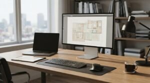 Modern architect's office with a desktop monitor displaying a house floor plan, laptop, tablet, and workspace for digital building design.