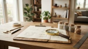 Renovation plans with a magnifying glass and material samples on a wooden table.