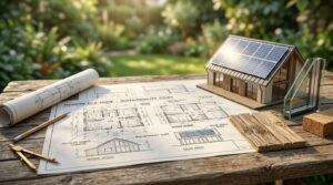 Sustainable home blueprint featuring passive solar design, eco-friendly building materials, solar panel house model, high-performance window glazing, and energy-efficient construction planning tools on an outdoor workspace.