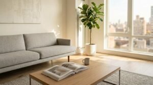 Bright modern living room with a minimalist sofa, coffee table, indoor plant, and large floor-to-ceiling windows, showcasing an open layout designed to maximize natural light and space.