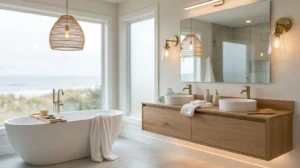 Bright coastal bathroom with a freestanding soaking tub, floating wood double vanity, vessel sinks, woven pendant light, warm brass fixtures, and large windows overlooking the ocean