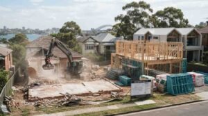 House demolition and new home construction side by side on a residential building site.