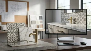 Bathroom renovation design visualization featuring tile samples, fixture selections, material boards, and 3D rendering software used to preview finishes and finalize custom bathroom design choices.