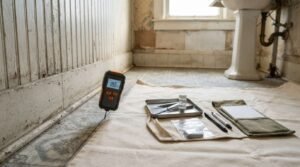 Moisture meter and inspection kit arranged on a bathroom floor during a water damage assessment