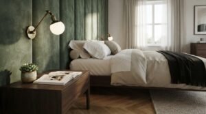 Modern luxury bedroom with a green accent wall and wall sconces.