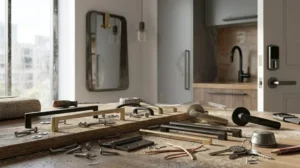Bathroom fixtures, fittings, and hardware selection displayed on a workbench during renovation planning
