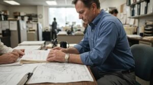 Planning officer reviewing development application documents and site plans during a zoning approval assessment in a local council office.