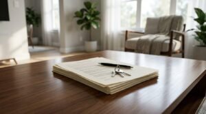 Renovation loan paperwork with house keys on a table.