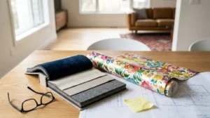 Interior design material samples, wallpaper swatches, and fabric selections displayed on house plans during home renovation planning