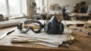 Safety goggles and respirator mask placed on renovation plans, highlighting essential personal protective equipment for hazardous renovation work.