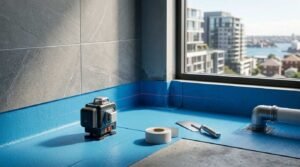 Blue waterproofing membrane applied to a bathroom floor with a laser level, drain, and installation tools, preparing the space for tile installation.