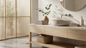 Bright Japandi bathroom vanity with a light wood cabinet, white vessel sink, round mirror, folded towels, woven basket, ceramic vase with eucalyptus, and soft natural light through wooden slat screens.