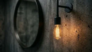 Close-up of a glowing Edison bulb mounted on a concrete wall beside a round mirror in an industrial-style bathroom