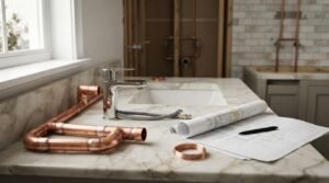 Bathroom vanity with faucet, copper plumbing pipes, renovation plans, and rough-in plumbing work, illustrating plumbing preparation during a bathroom remodel.