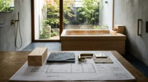 Bathroom renovation materials and blueprints displayed on a table, with wood, stone, and fixture samples in front of a modern soaking tub