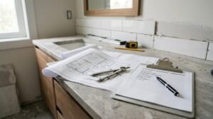 Bathroom renovation plans and checklist on a vanity countertop.