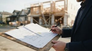 Inspector reviewing and signing second-storey building permit documents at an active residential construction site.
