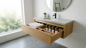 Floating wood bathroom vanity with organized drawer storage, folded towels, and toiletries beneath a modern sink