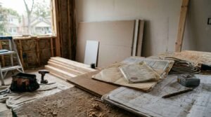 Renovation workspace with permit documents, blueprints, and construction materials.