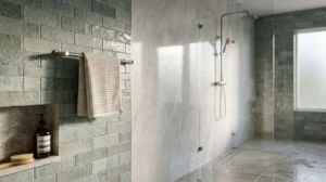 Wet room with glossy green wall tiles, a glass shower enclosure, and a recessed shelf with bathroom essentials