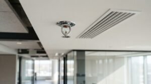 Close-up of a ceiling-mounted fire sprinkler head and HVAC vent in a modern commercial office building.