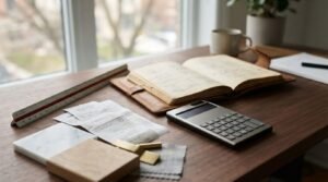 Home renovation budgeting workspace with receipts, a calculator, material samples, measuring tools, and planning notes for tracking remodeling expenses and project costs.
