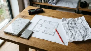 Architectural planning workspace featuring floor plan drawings, material samples, measuring device, and design revisions on a wooden desk.