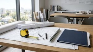 Construction permit plans, measuring tape, ruler, and project documents prepared for residential building approval.