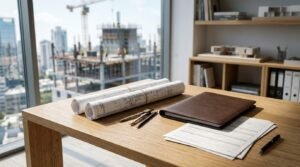 Building permit application documents, architectural plans, and drafting tools on a desk overlooking a construction site.