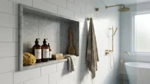 Marble-framed shower niche with built-in storage for toiletries, positioned within a modern tiled bathroom beside a freestanding bathtub