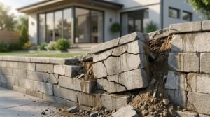 Cracked retaining wall showing structural damage outside a modern home.