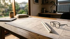 BASIX certificate application workspace with sustainable home blueprints, architect’s scale ruler, eyeglasses, laptop, and design references on a wooden desk, representing energy-efficient home planning and BASIX compliance in NSW.