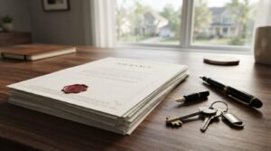 Home insurance documents, keys, and pen on a table.
