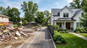 Side-by-side comparison of a home renovation site and a newly rebuilt modern house in a residential neighborhood.