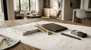 Architectural plans with curated material samples, hardware selections, and digital measuring tools used during renovation planning and interior finish specification