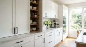 Modern kitchen with installed white flat-pack cabinets, open pantry shelving, quartz countertops, and matte black handles.