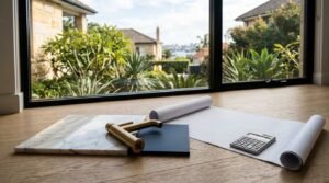 Renovation materials, faucet, architectural plans, and calculator arranged on a floor beside a large window.