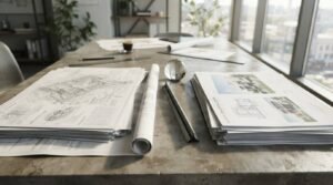Architectural drawings, site plans, and design documents arranged side by side on a conference table for project comparison.