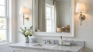 Elegant bathroom vanity with a marble countertop, framed mirror, wall sconces, and fresh flowers in a bright, coastal-inspired space
