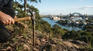 Geotechnical site testing with a soil probe overlooking Sydney Harbour before a residential development project.