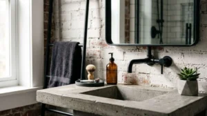 Small industrial bathroom featuring a concrete sink, exposed brick wall, matte black fixtures, wall-mounted faucet, and space-saving urban design