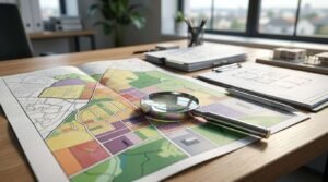 Color-coded zoning classification map with a magnifying glass, site plans, and planning documents on an office desk for land use analysis.
