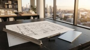 Architectural kitchen floor plan with ruler, pen, and material sample on a modern workspace overlooking a city skyline.