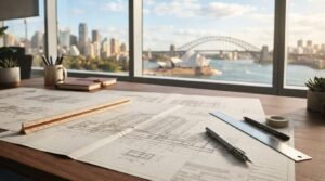 Architectural blueprints with ruler, scale, and drafting tools on a desk overlooking the Sydney Harbour skyline.
