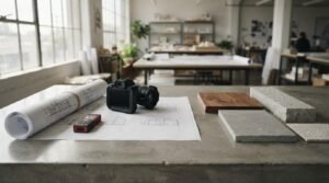 Camera, blueprints, and material samples on a design studio table.