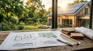 Sustainable home design plans with architectural blueprints, timber samples, ruler, and rolled drawings displayed before a modern solar-powered eco-friendly house, highlighting energy-efficient residential construction planning.